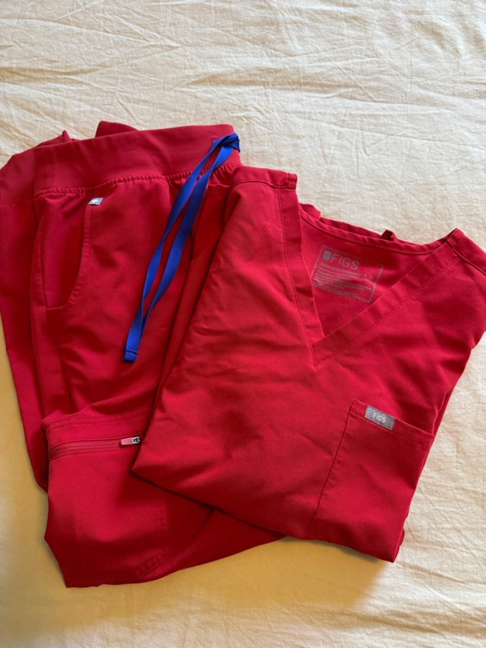 Figs Red V‑Neck Scrub Top with Pocket Patch